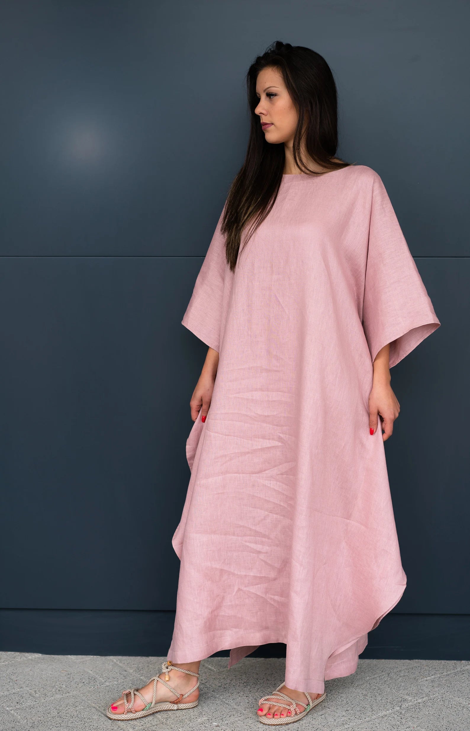 Pink Oversize Kaftan Kimono Linen Dress