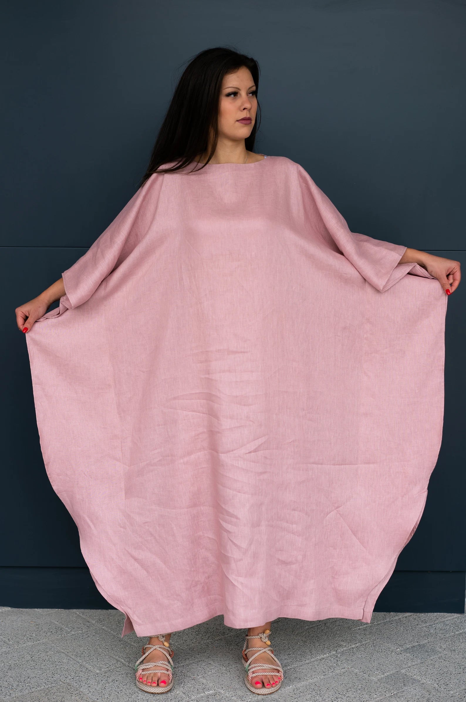 Pink Oversize Kaftan Kimono Linen Dress