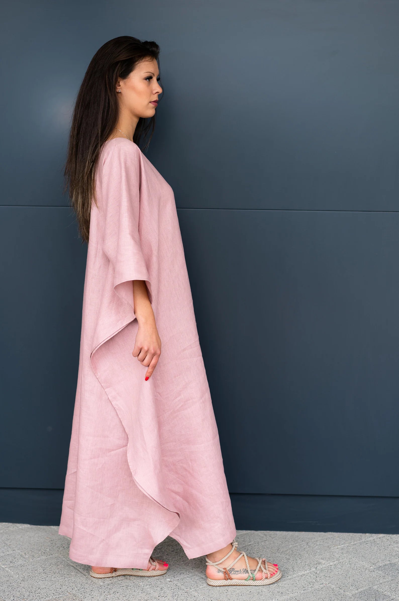 Pink Oversize Kaftan Kimono Linen Dress