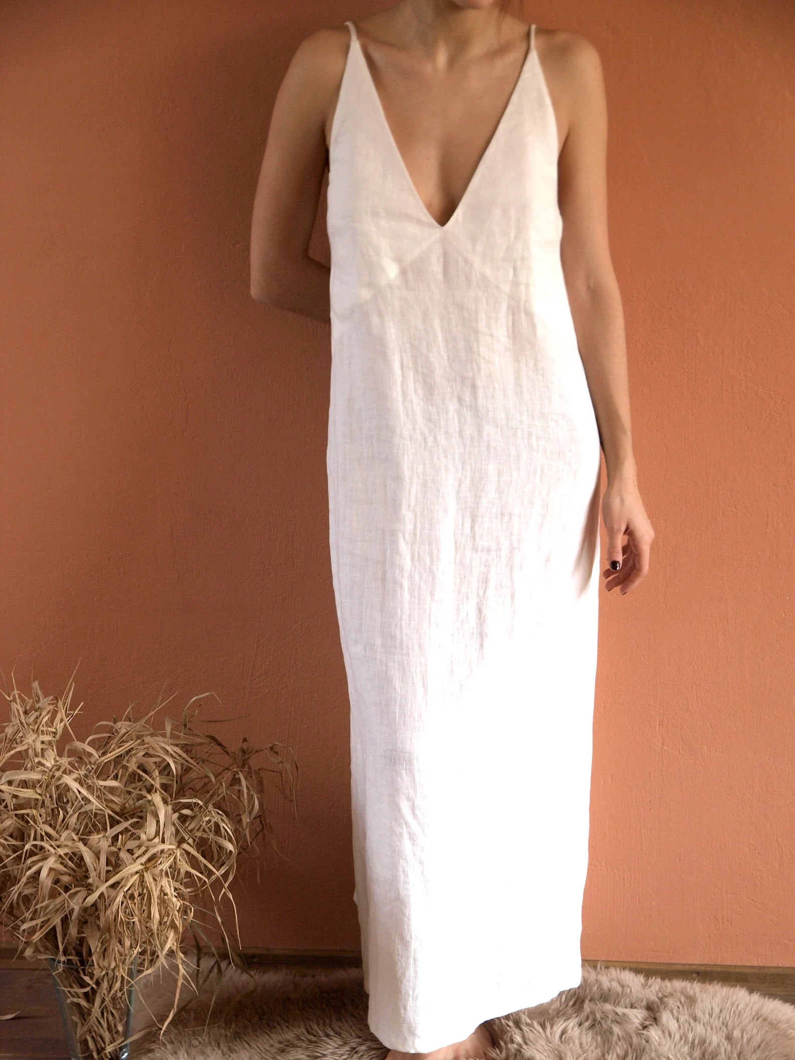 Linen nightgown deep V dress