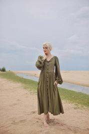 Long Puff Sleeves Linen Dress with Pockets - Vintage Style