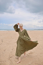 Long Puff Sleeves Linen Dress with Pockets - Vintage Style
