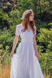 V Neck Linen Romantic Wedding Dress Women