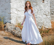 V Neck Linen Romantic Wedding Dress Women