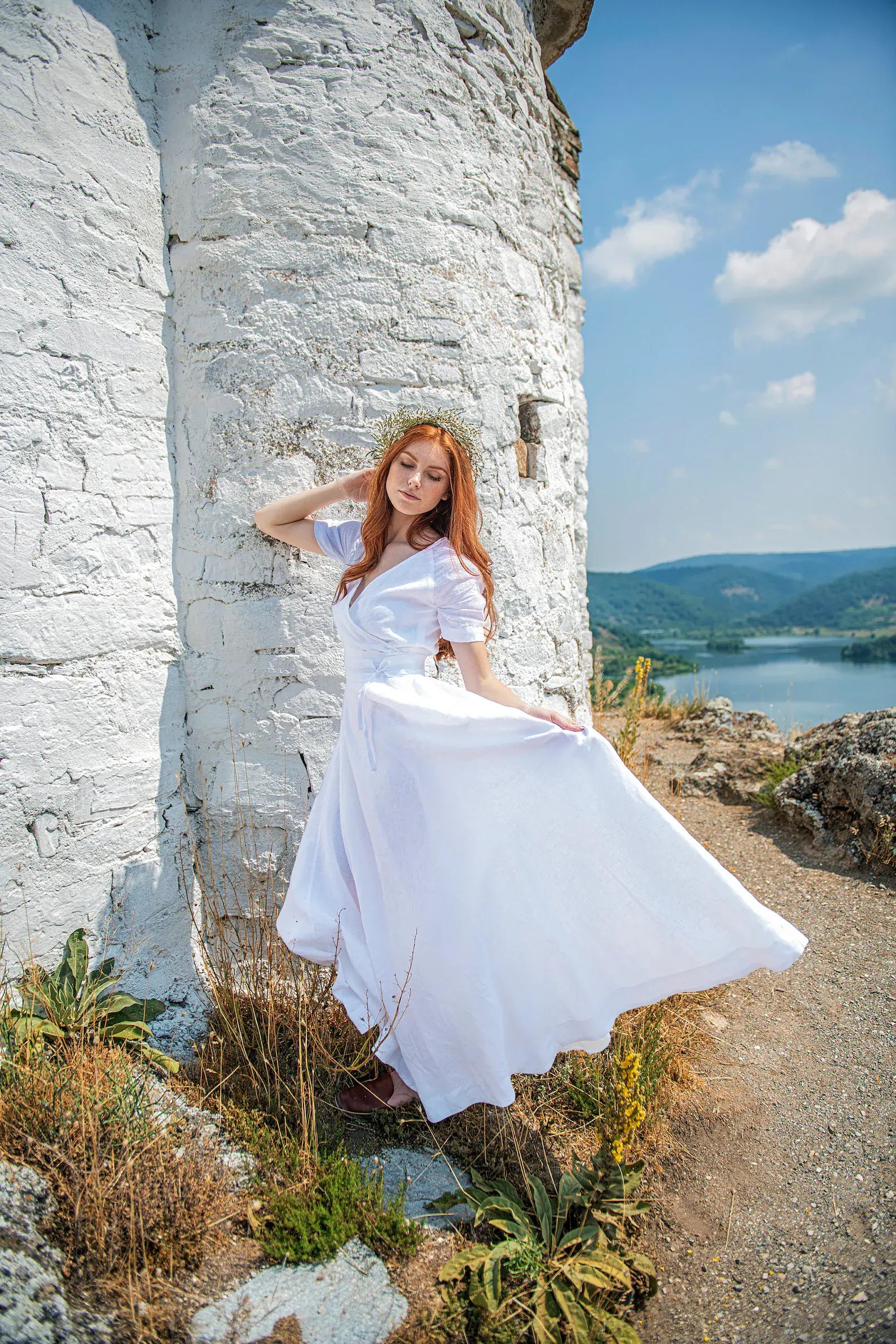 V Neck Linen Romantic Wedding Dress Women