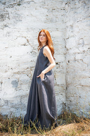 Summer Maxi Graphite Linen Dress with Pockets