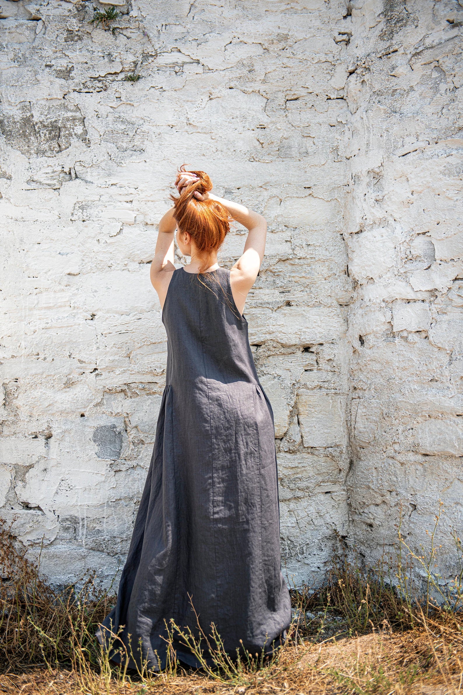 Summer Maxi Graphite Linen Dress with Pockets