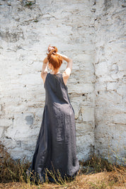 Summer Maxi Graphite Linen Dress with Pockets