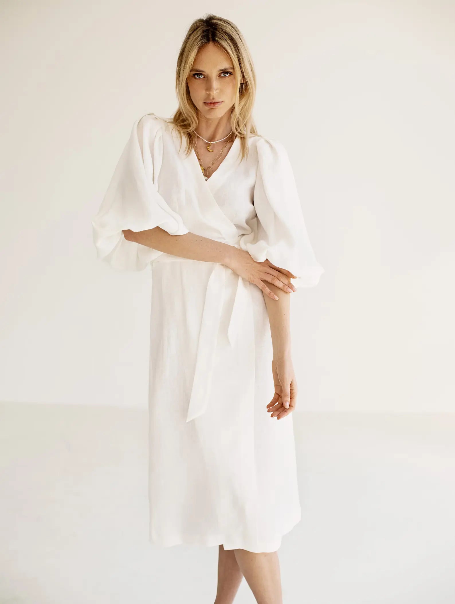 Midi puff sleeve wrap linen dress Dune