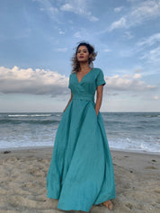 Blue Green Linen Wrap Summer Maxi Dress with Pockets and Belt