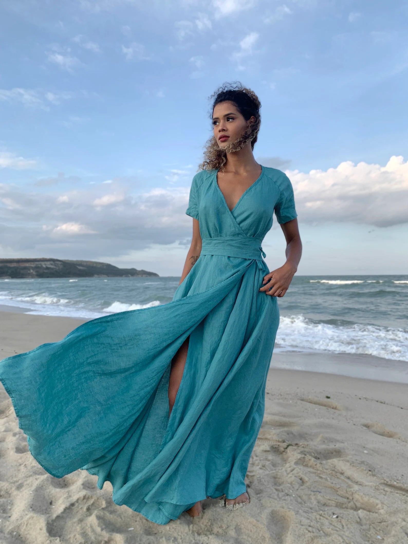 Blue Green Linen Wrap Summer Maxi Dress with Pockets and Belt