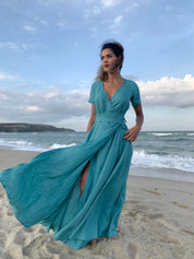 Blue Green Linen Wrap Summer Maxi Dress with Pockets and Belt