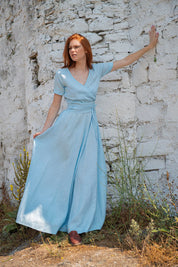 V Neck Linen Romantic Wedding Dress Women