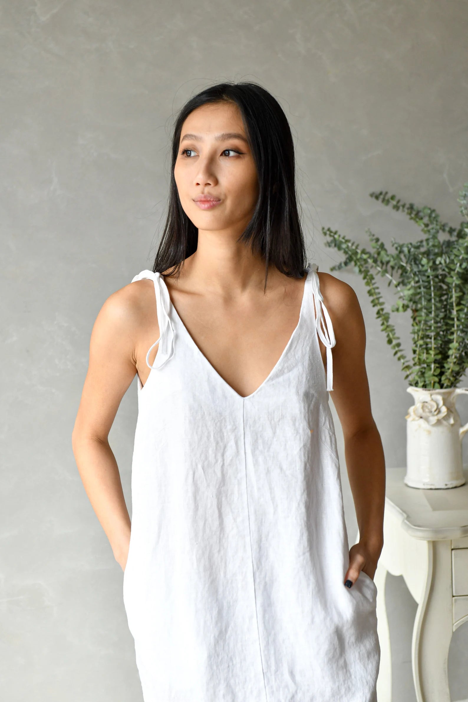 White Linen Sparghetti Slip Dress