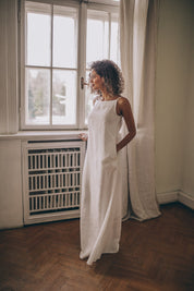 White Simple Linen Spaghetti Strap Maxi Dress