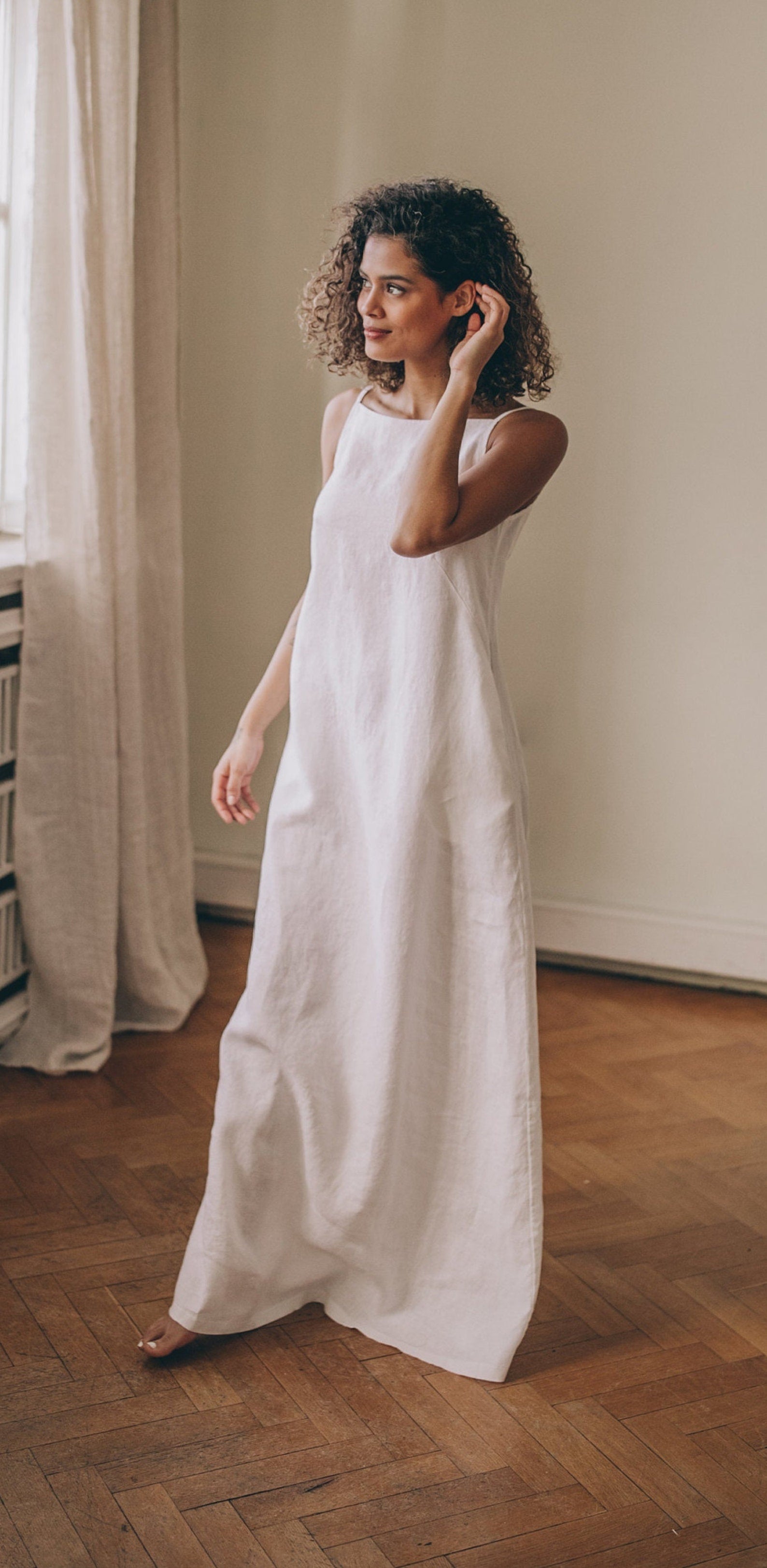 White Simple Linen Spaghetti Strap Maxi Dress