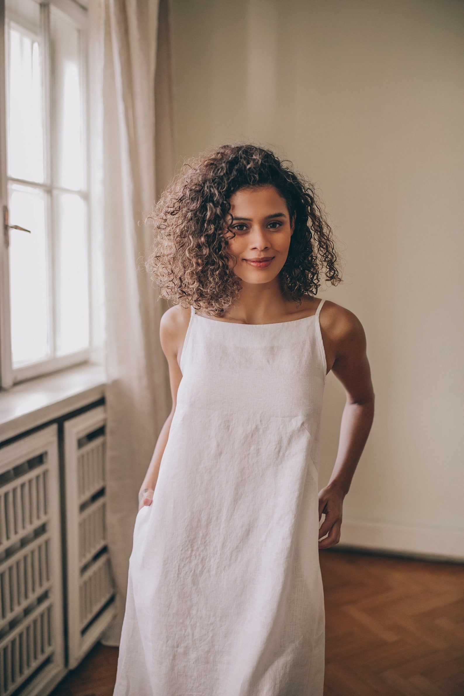 White Simple Linen Spaghetti Strap Maxi Dress