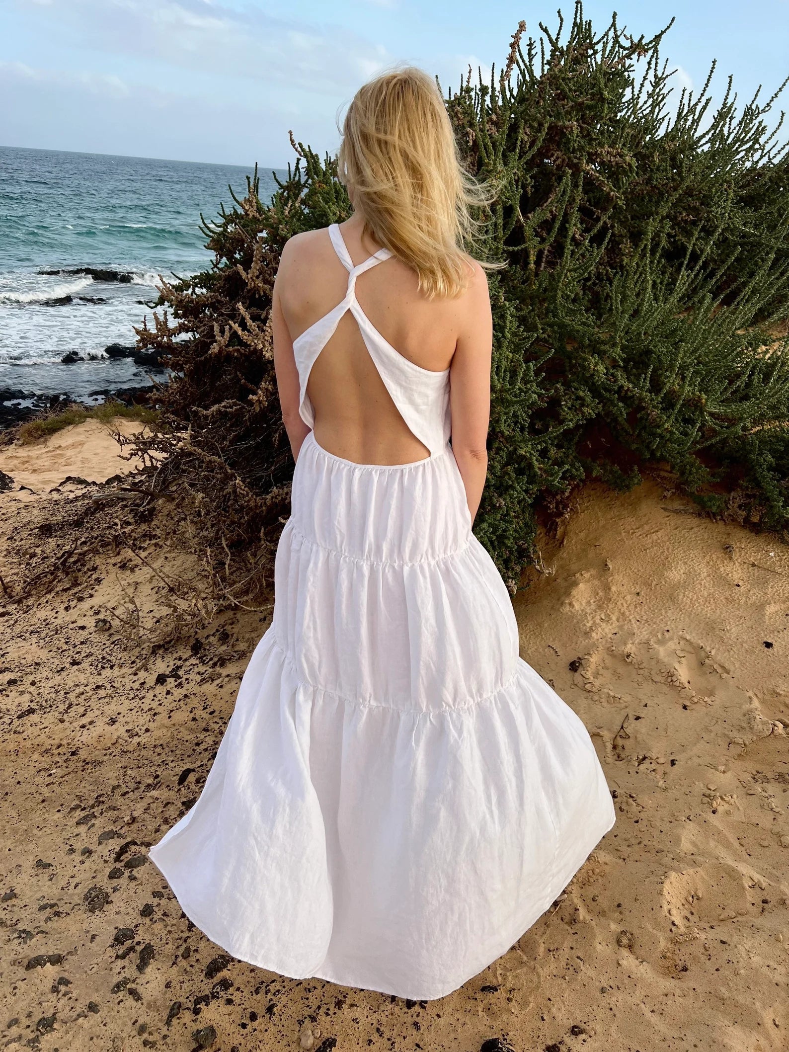White Linen open back long dress for any occasion