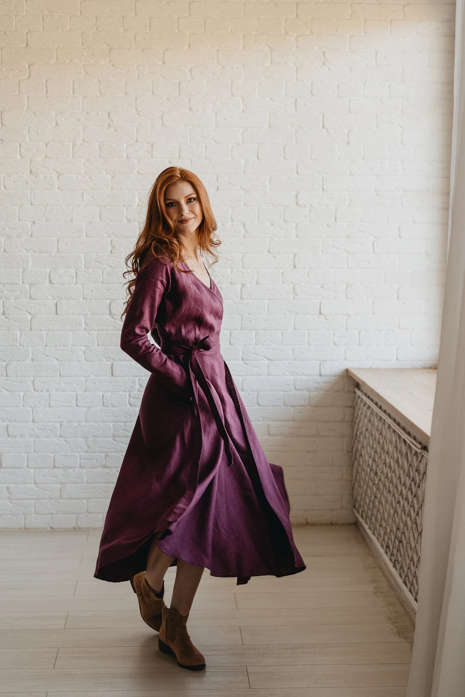 Feminine Midi Linen Wrap Dress with Pockets