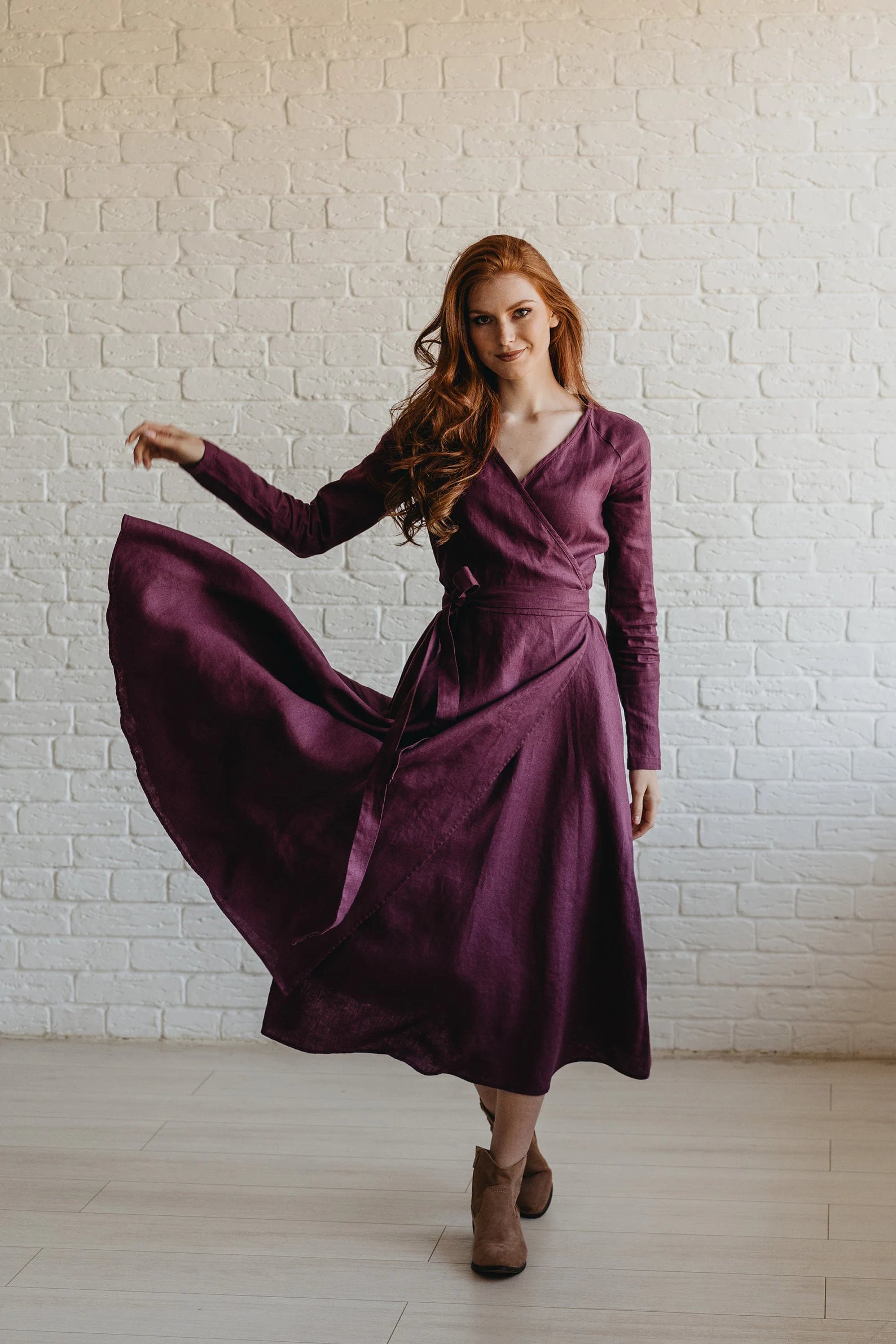 Feminine Midi Linen Wrap Dress with Pockets