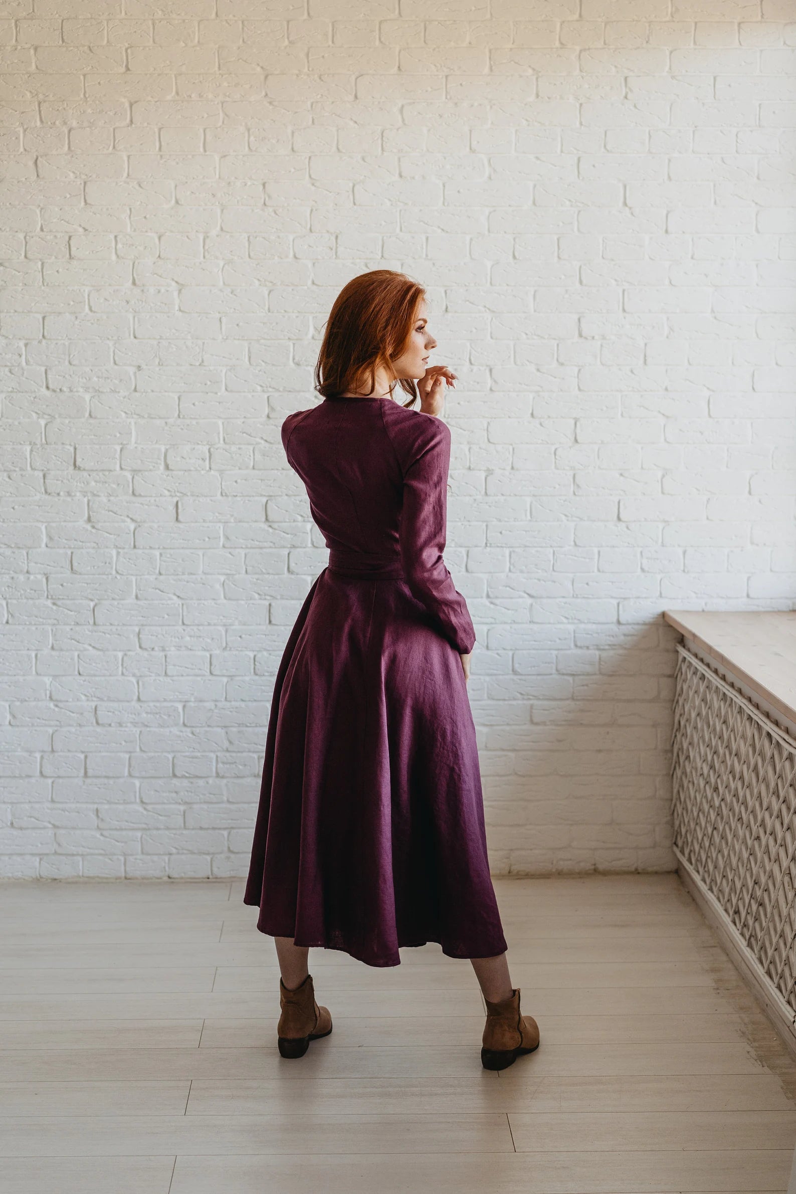 Feminine Midi Linen Wrap Dress with Pockets