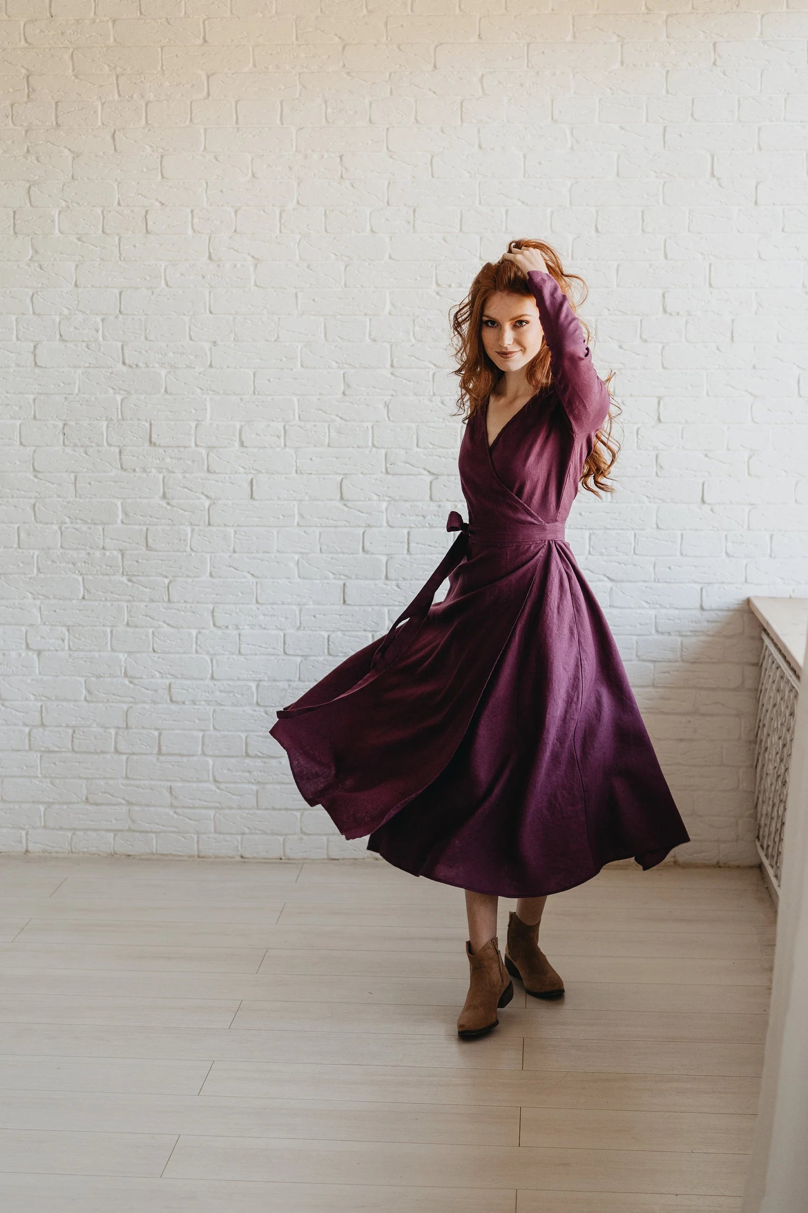 Feminine Midi Linen Wrap Dress with Pockets