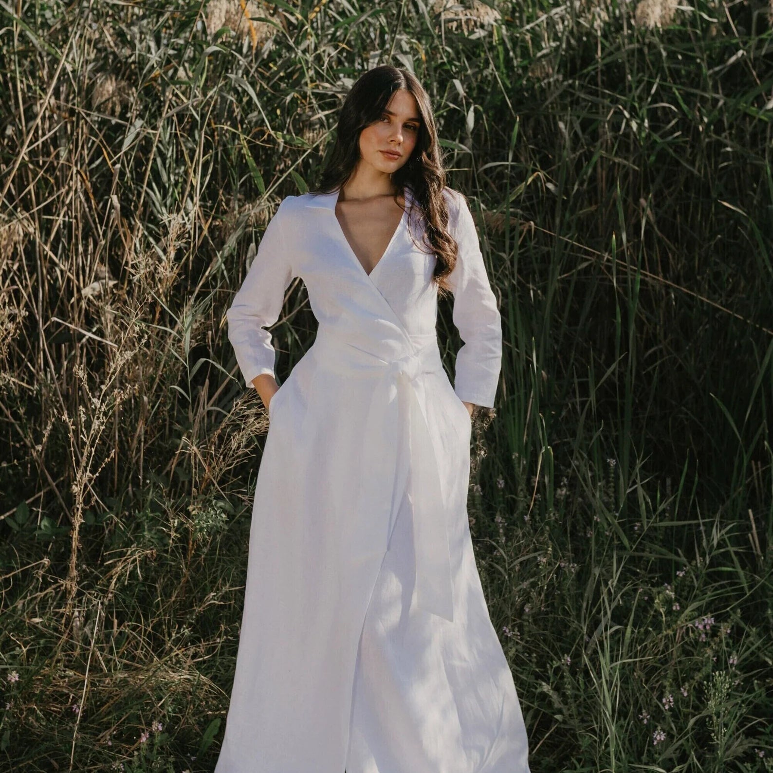 White Maxi Linen Wrap Dress Long Sleeves