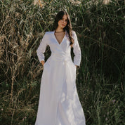White Maxi Linen Wrap Dress Long Sleeves