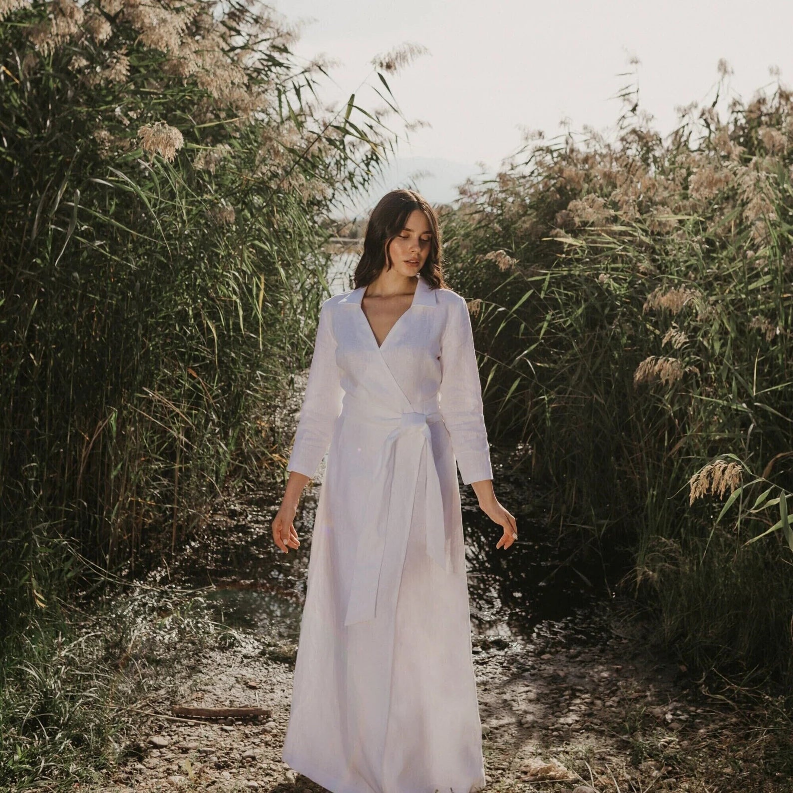 White Maxi Linen Wrap Dress Long Sleeves