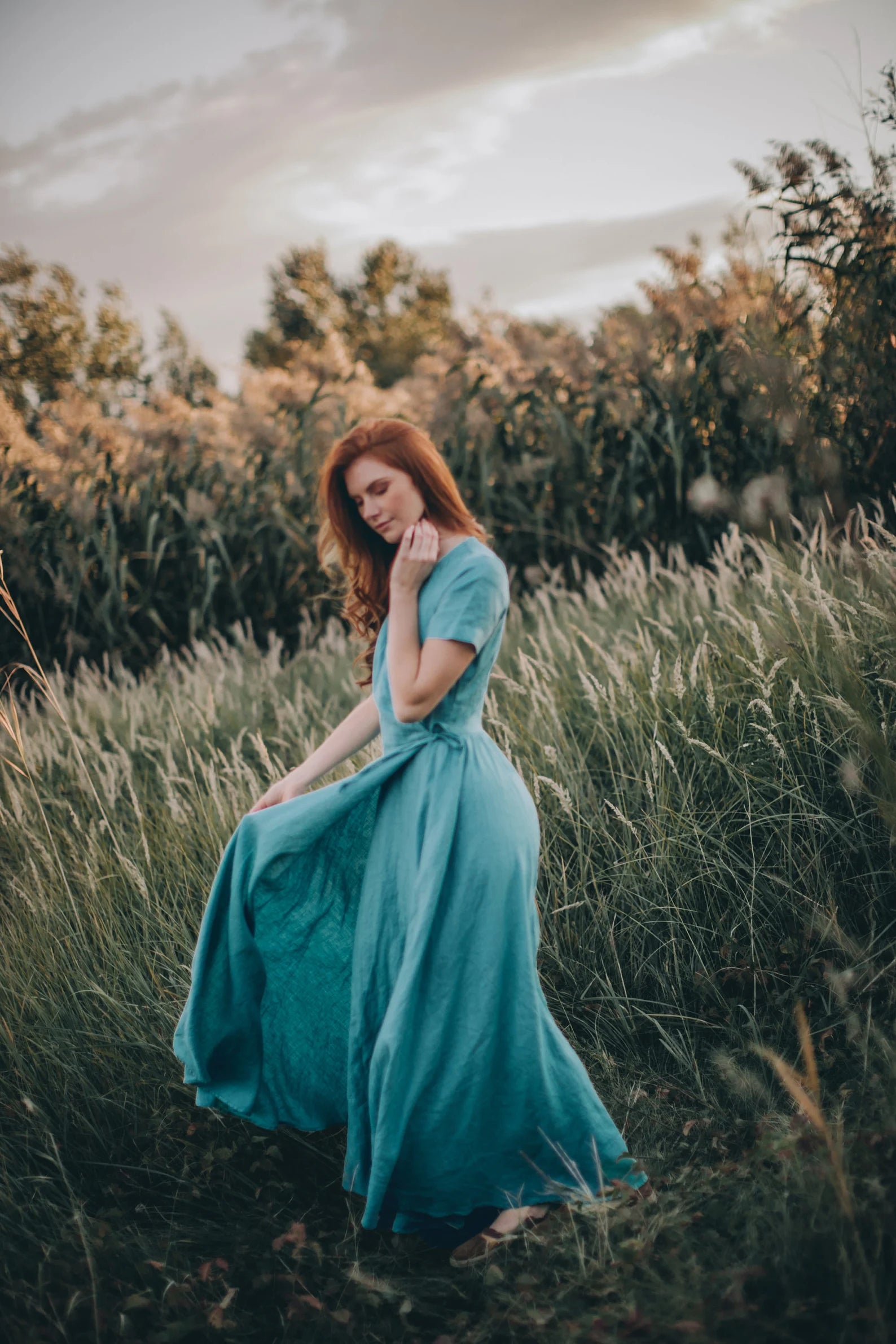 Blue Green Linen Wrap Summer Maxi Dress with Pockets and Belt