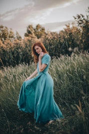 Blue Green Linen Wrap Summer Maxi Dress with Pockets and Belt