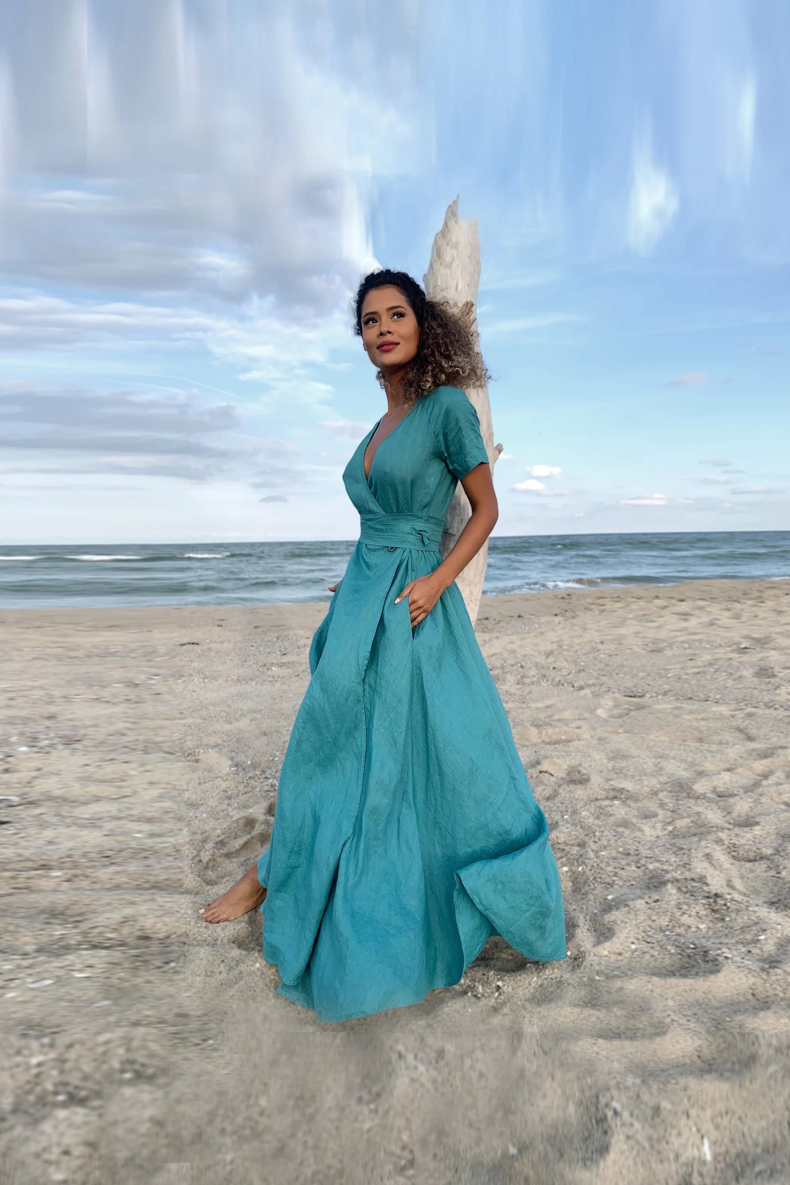 Blue Green Linen Wrap Summer Maxi Dress with Pockets and Belt