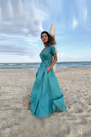 Blue Green Linen Wrap Summer Maxi Dress with Pockets and Belt