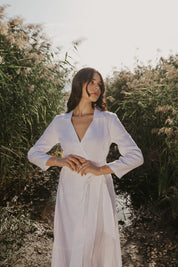White Maxi Linen Wrap Dress Long Sleeves