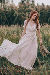 White Linen Wrap Summer Maxi Dress with Pockets and Belt