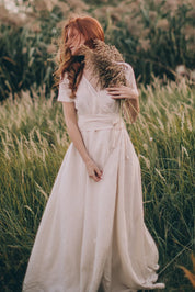 White Linen Wrap Summer Maxi Dress with Pockets and Belt