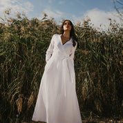 White Maxi Linen Wrap Dress Long Sleeves