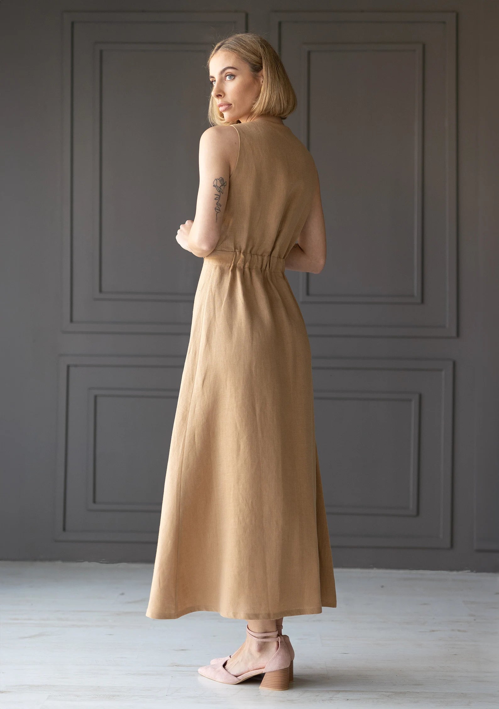 Camel Linen maxi dress RIVIERA