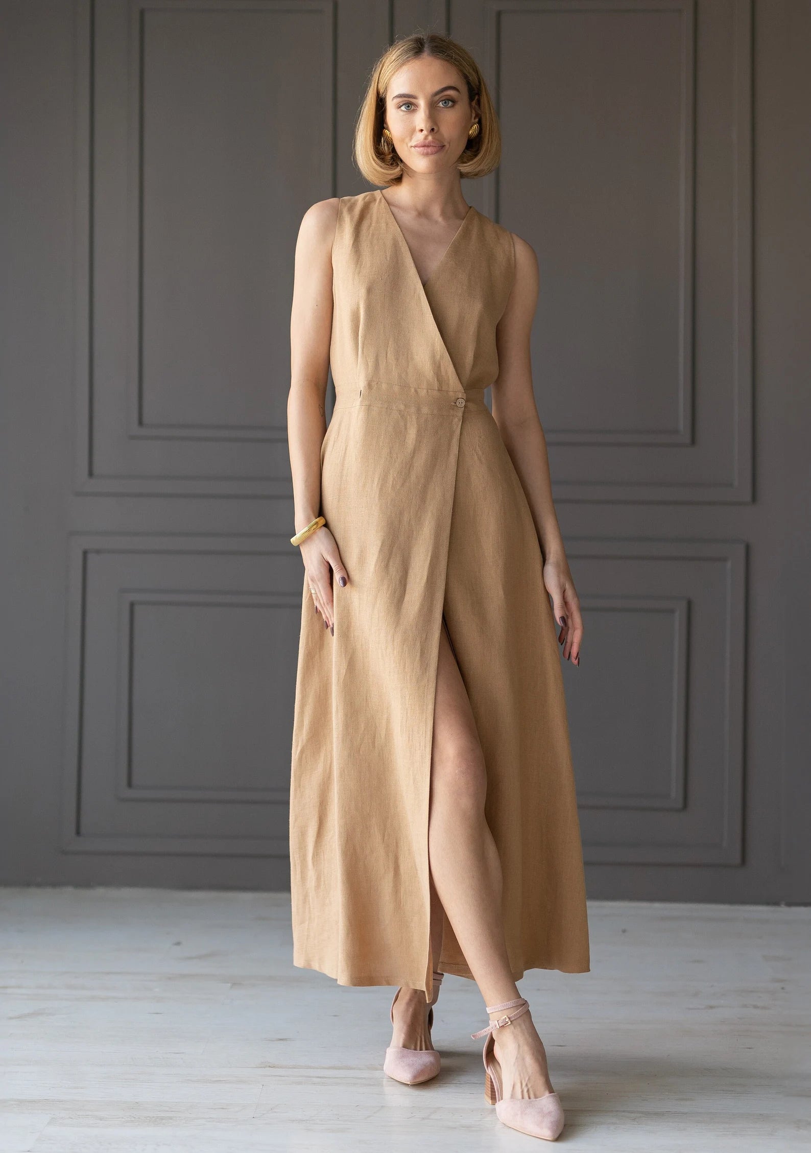 Camel Linen maxi dress RIVIERA