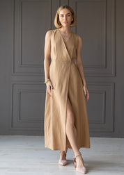 Camel Linen maxi dress RIVIERA
