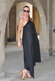 Black One Shoulder Linen Dress
