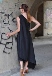 Black One Shoulder Linen Dress