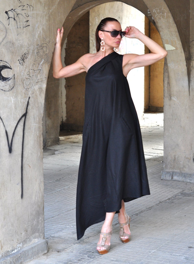 Black One Shoulder Linen Dress
