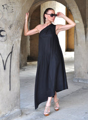 Black One Shoulder Linen Dress