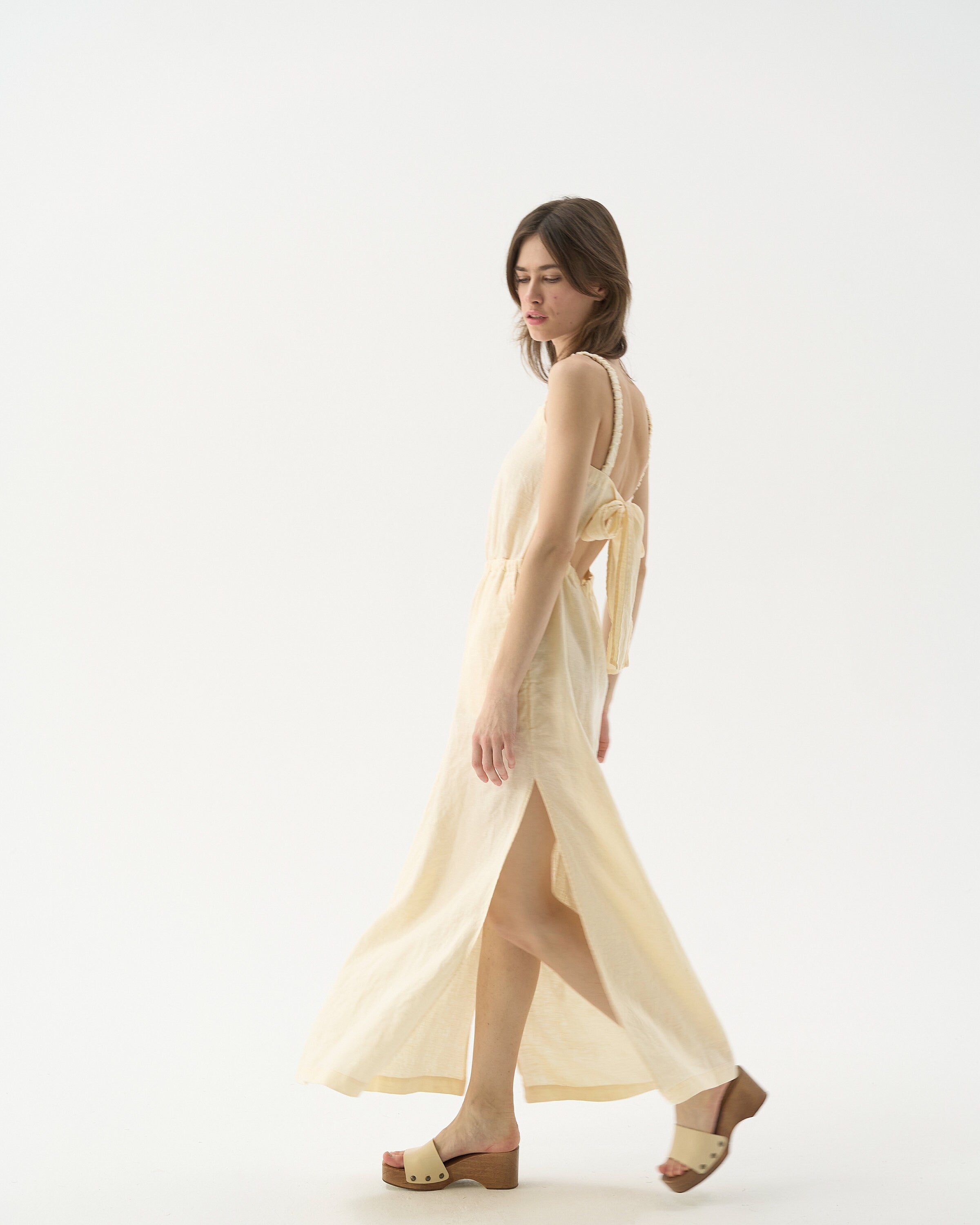 White pinafore square neck linen beach dress