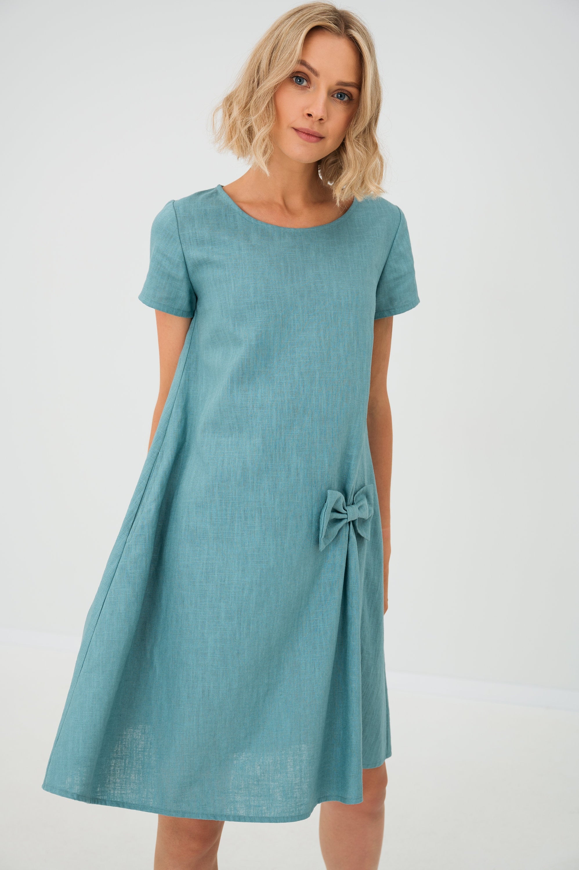 Blue Green Linen Bow Mini Dress