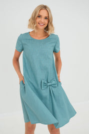 Blue Green Linen Bow Mini Dress