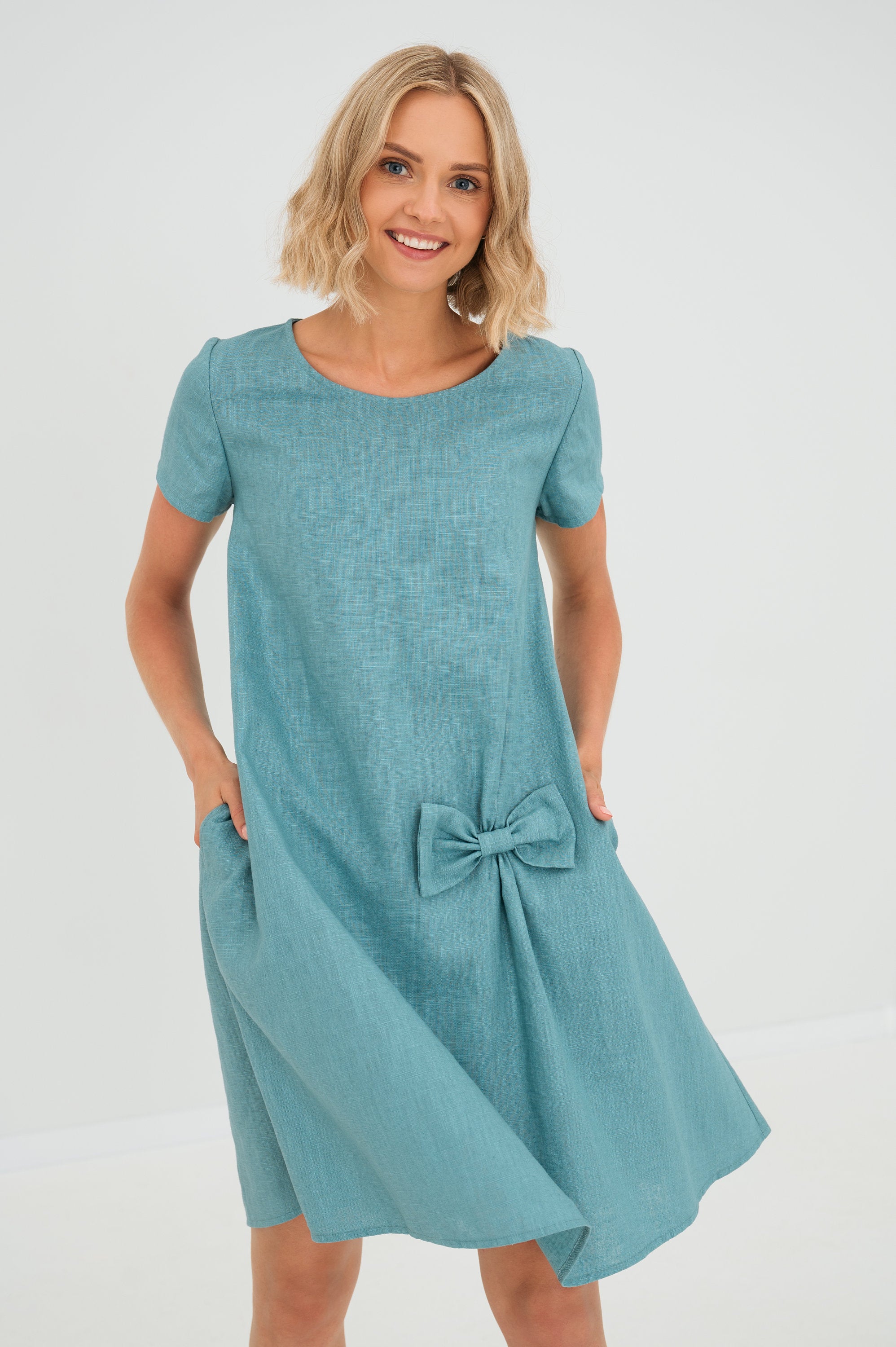 Blue Green Linen Bow Mini Dress