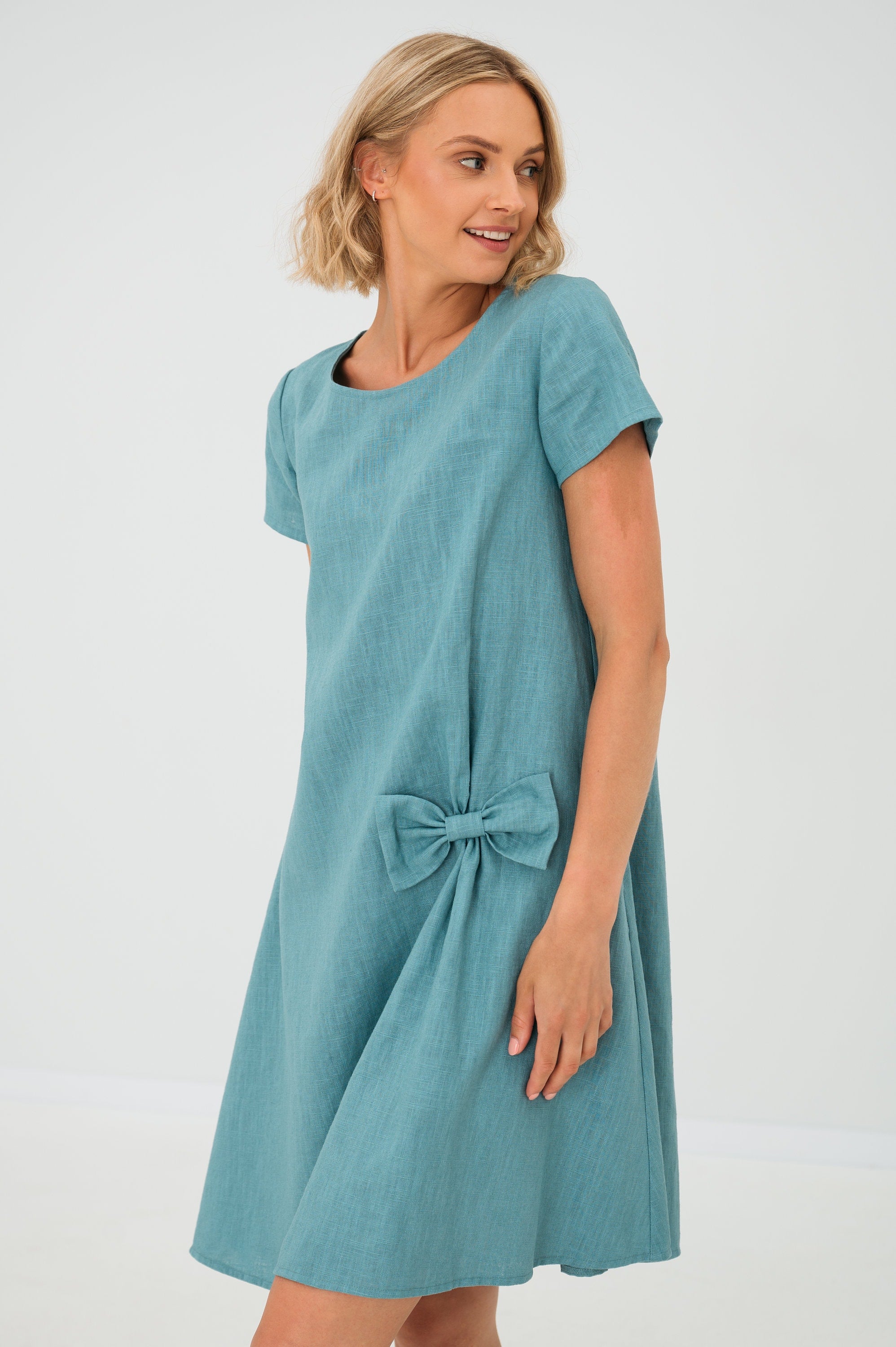 Blue Green Linen Bow Mini Dress