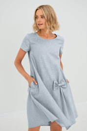 Grey Linen Bow Mini Dress